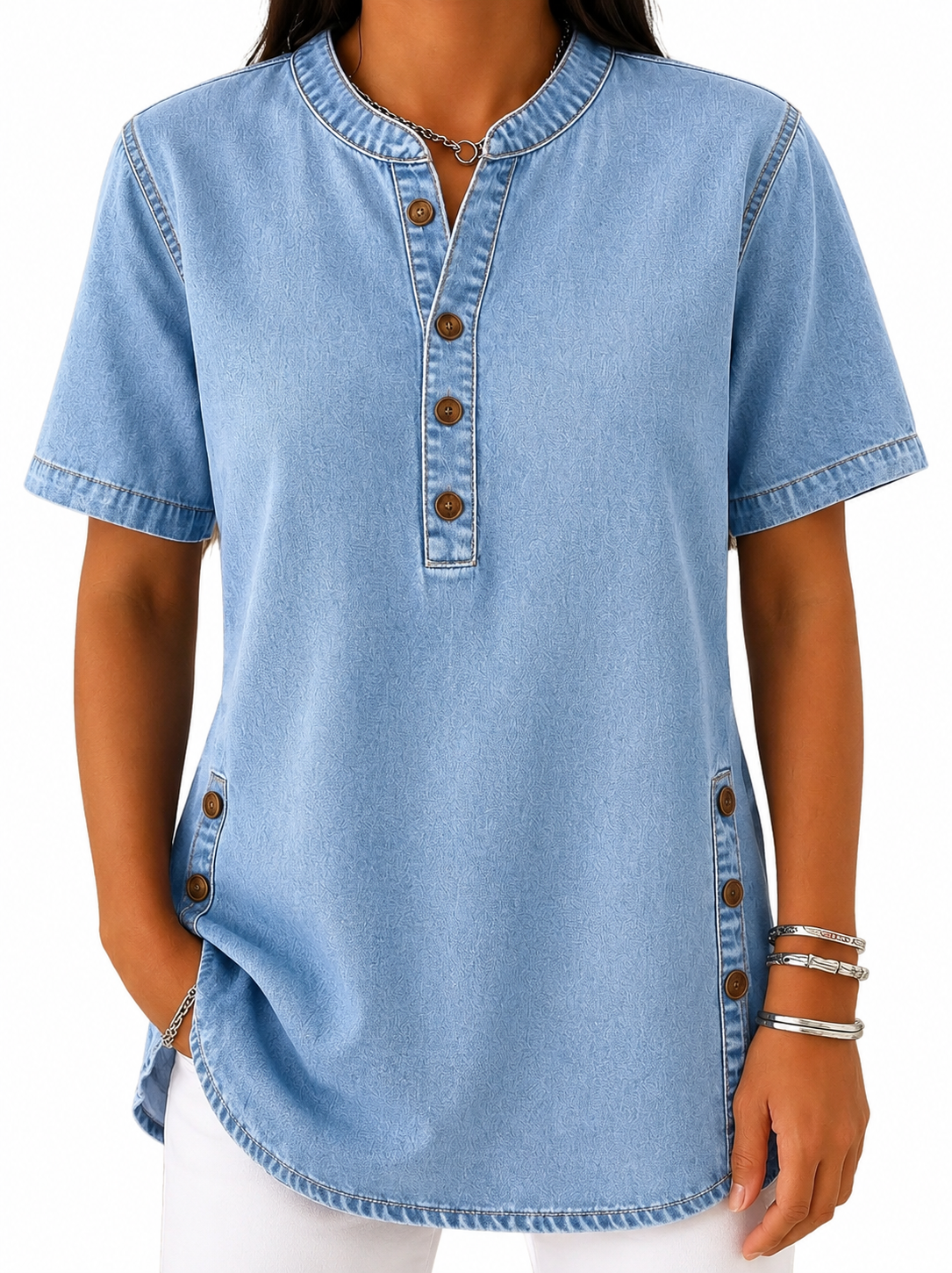 Dam Blus med Rund Halsringning och Knappslå-Blouses for women-Fjallbarn