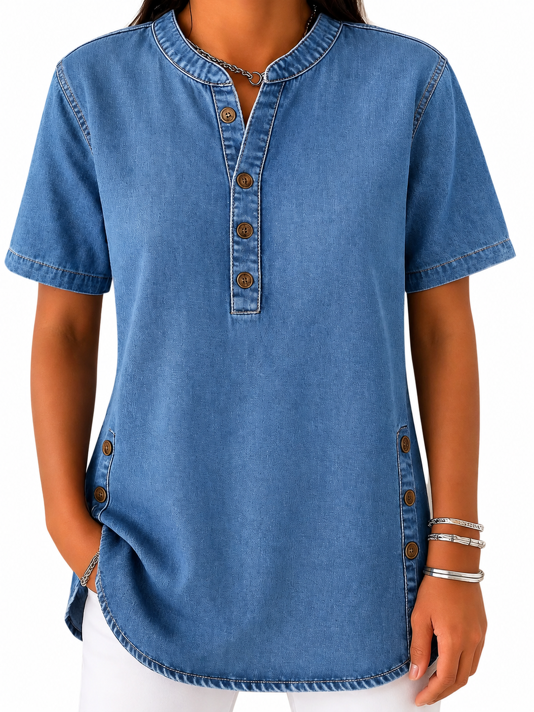 Dam Blus med Rund Halsringning och Knappslå-Blouses for women-Fjallbarn