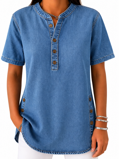 Dam Blus med Rund Halsringning och Knappslå-Blouses for women-Fjallbarn