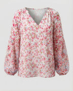 Dam Blus med V-ringning och blommönster med långa ärmar-Blouse for women-Fjallbarn