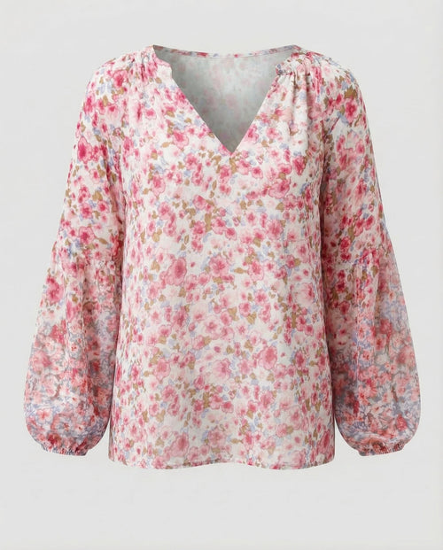 Dam Blus med V-ringning och blommönster med långa ärmar-Blouse for women-Fjallbarn