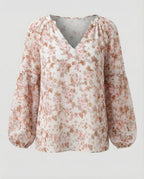Dam Blus med V-ringning och blommönster med långa ärmar-Blouse for women-Fjallbarn