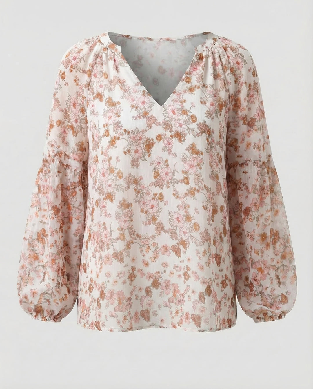 Dam Blus med V-ringning och blommönster med långa ärmar-Blouse for women-Fjallbarn