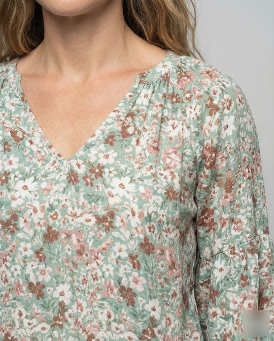 Dam Blus med V-ringning och blommönster med långa ärmar-Blouse for women-Fjallbarn