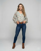 Dam Blus med V-ringning och blommönster med långa ärmar-Blouse for women-Fjallbarn