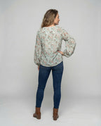 Dam Blus med V-ringning och blommönster med långa ärmar-Blouse for women-Fjallbarn