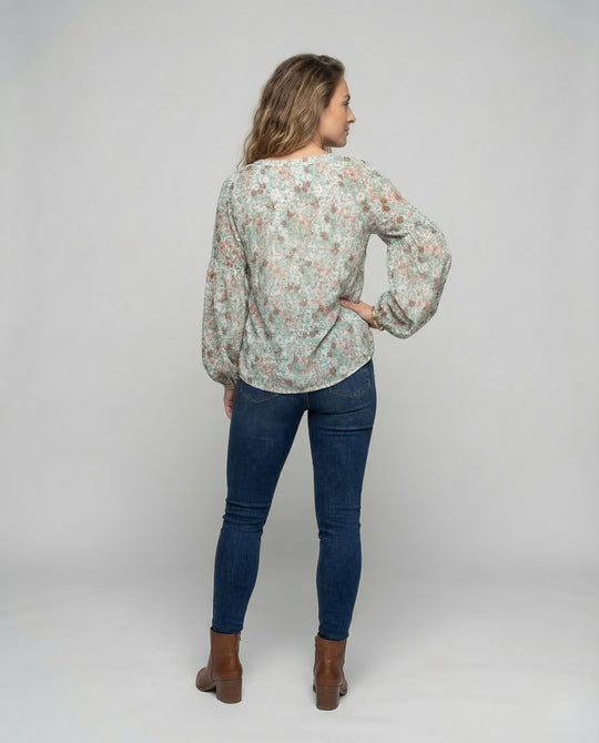 Dam Blus med V-ringning och blommönster med långa ärmar-Blouse for women-Fjallbarn