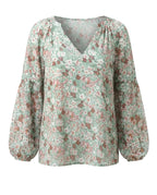 Dam Blus med V-ringning och blommönster med långa ärmar-Blouse for women-Fjallbarn