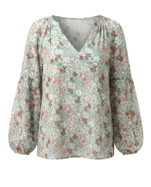 Dam Blus med V-ringning och blommönster med långa ärmar-Blouse for women-Fjallbarn