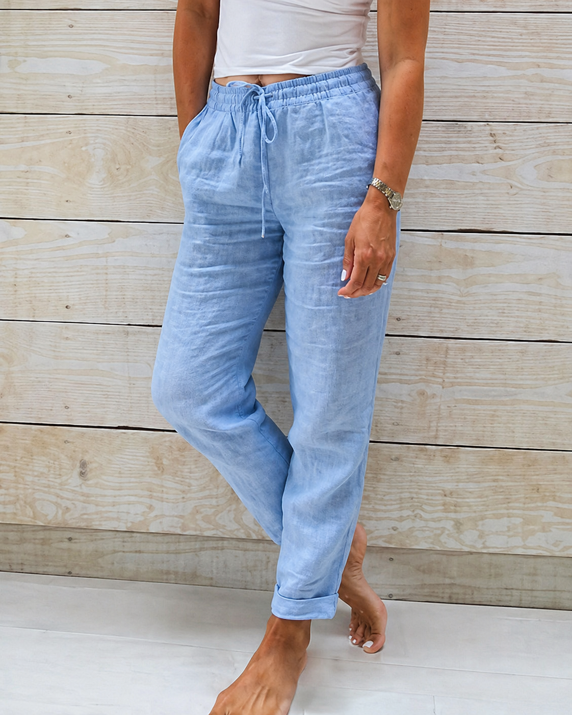 Dam Byxor med raka ben, elastisk midja och dragsko-Pant for women-Fjallbarn