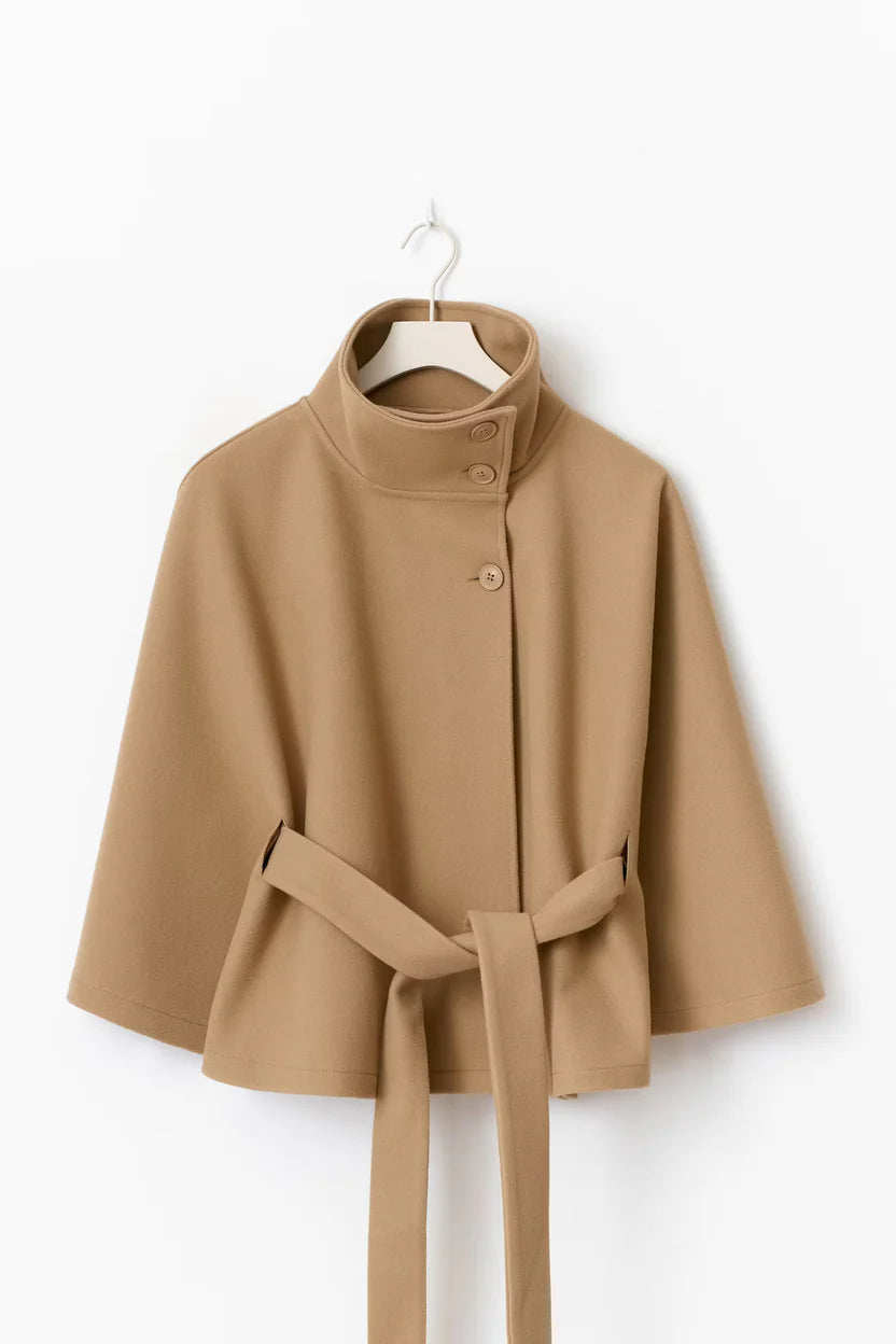 Dam capejacka med hög krage och knytbälte-Coat for women-Fjallbarn