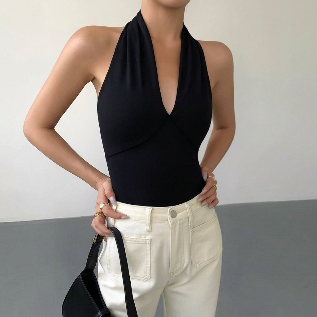 Dam halterneck-topp med v-ringning och ärmlös design-Tops for women-Fjallbarn