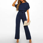 Dam Jumpsuit med korta ärmar, vida ben och knytband i midjan-Jumpsuits for women-Fjallbarn