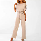 Dam Jumpsuit med korta ärmar, vida ben och knytband i midjan-Jumpsuits for women-Fjallbarn