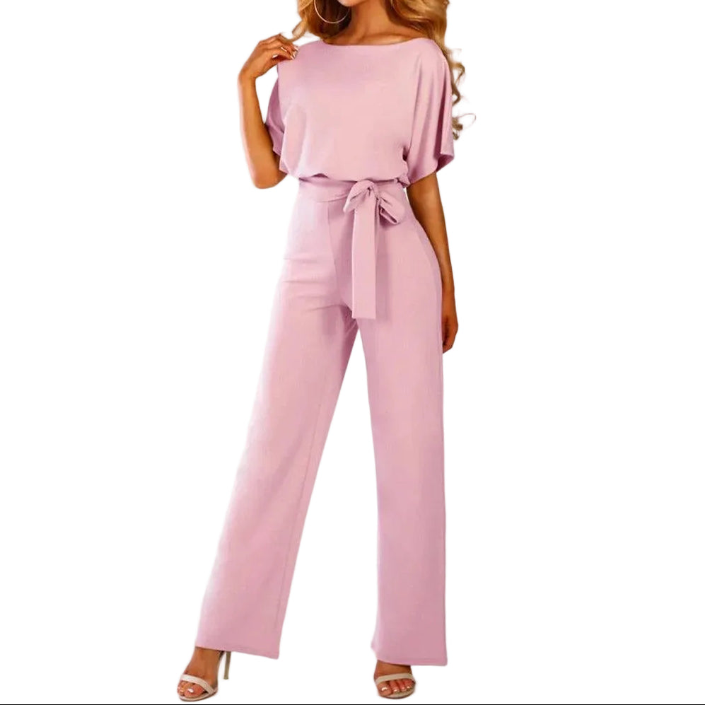 Dam Jumpsuit med korta ärmar, vida ben och knytband i midjan-Jumpsuits for women-Fjallbarn