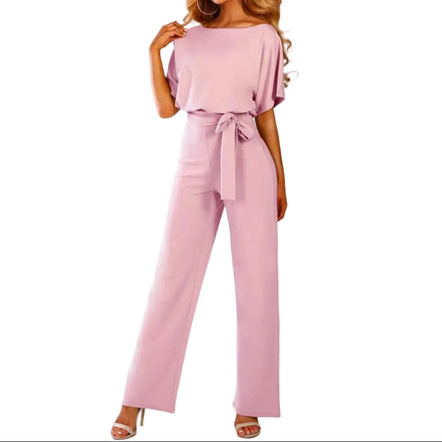 Dam Jumpsuit med korta ärmar, vida ben och knytband i midjan-Jumpsuits for women-Fjallbarn