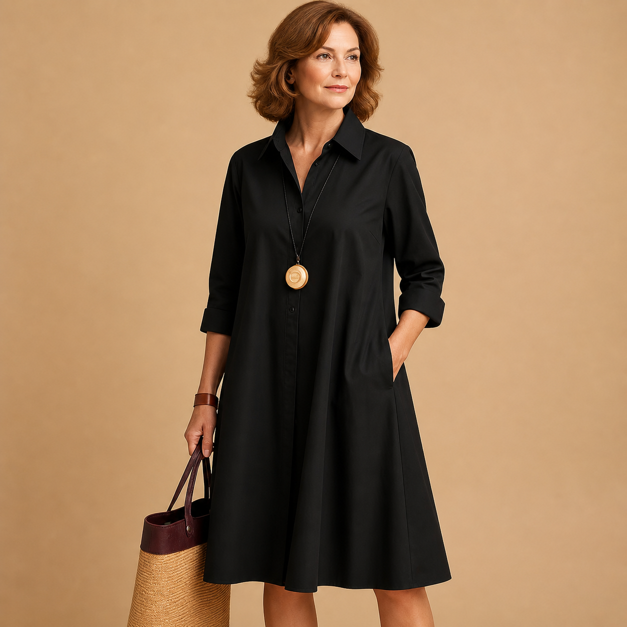 Dam Klänning med krage, knappslå, långa ärmar och sidofickor-Mini Dress-Fjallbarn