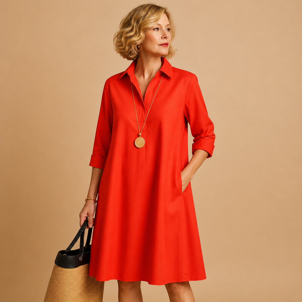 Dam Klänning med krage, knappslå, långa ärmar och sidofickor-Mini Dress-Fjallbarn