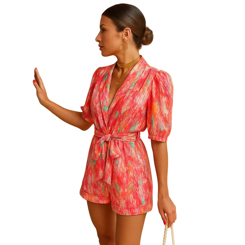 Dam Kort Jumpsuit med Blommönster, V-ringning och Knut i Midjan-Jumpsuits for women-Fjallbarn