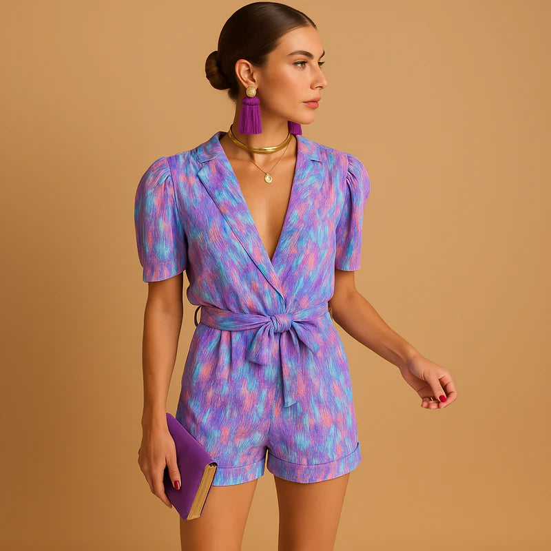 Dam Kort Jumpsuit med Blommönster, V-ringning och Knut i Midjan-Jumpsuits for women-Fjallbarn