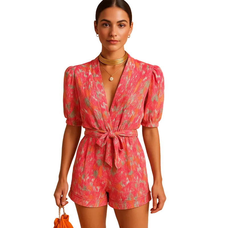 Dam Kort Jumpsuit med Blommönster, V-ringning och Knut i Midjan-Jumpsuits for women-Fjallbarn