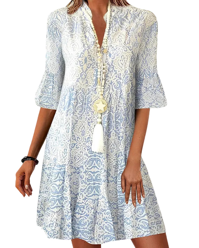 Dam kort klänning med mönster, V-ringning och utsvängda ärmar-Midi Dress-Fjallbarn