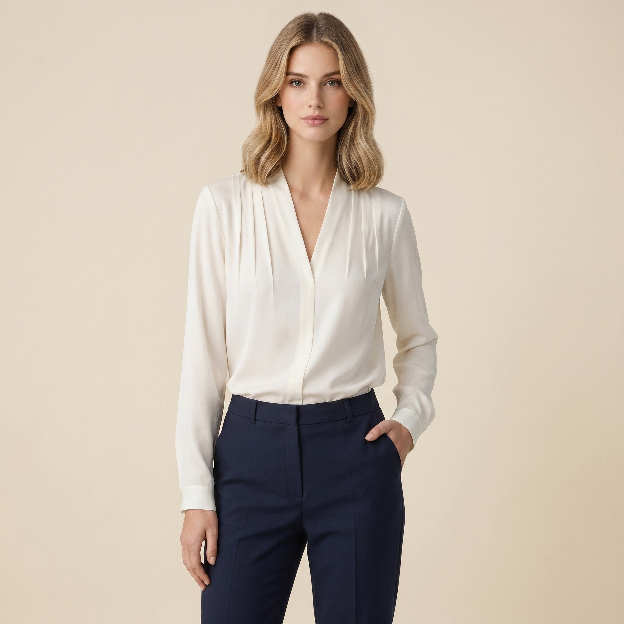 Dam långärmad blus med V-ringning och veckad front-Blouse for women-Fjallbarn