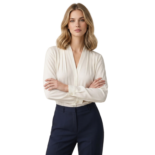 Dam långärmad blus med V-ringning och veckad front-Blouse for women-Fjallbarn