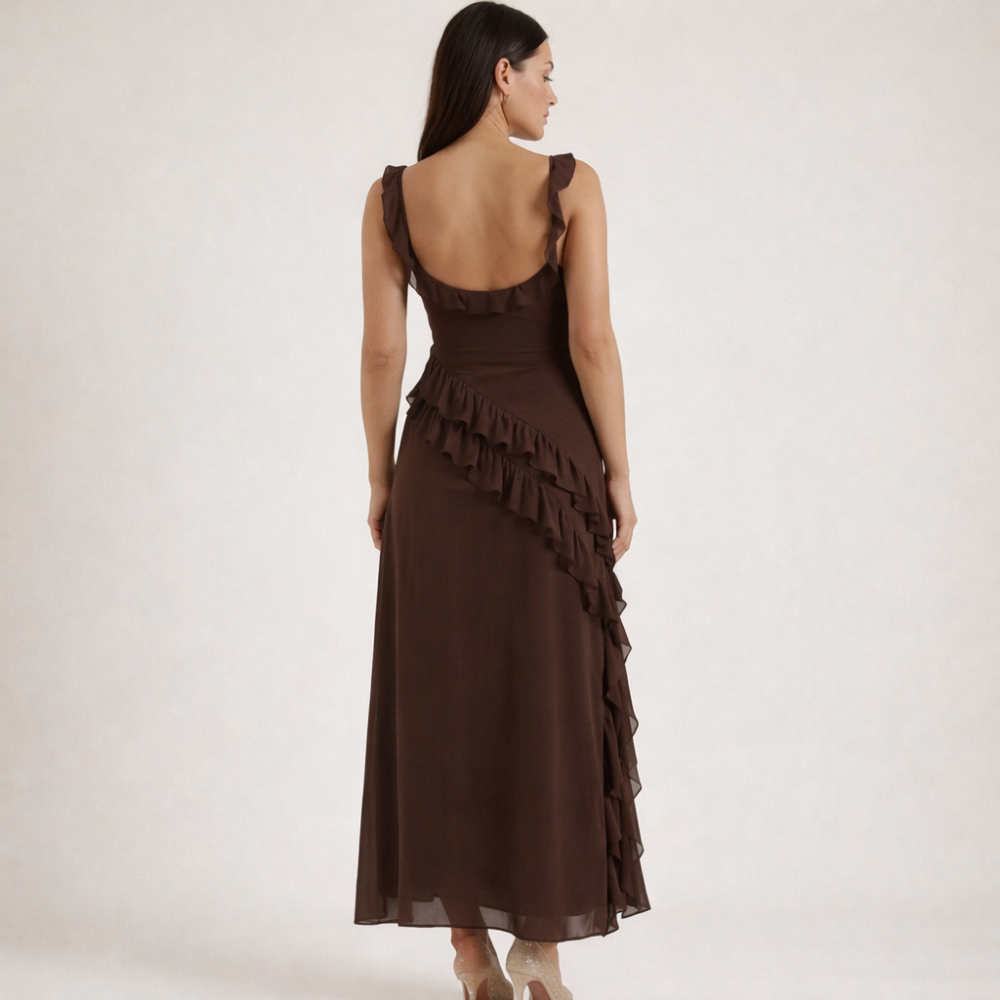 Dam Maxiklänning med Axelband och Volangkant-Maxi Dress-Fjallbarn
