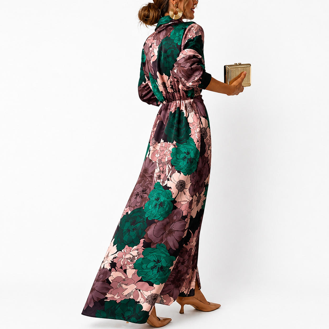 Dam Maxiklänning med blommönster, krage och knytbälte-Maxi Dress-Fjallbarn