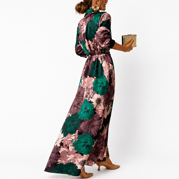 Dam Maxiklänning med blommönster, krage och knytbälte-Maxi Dress-Fjallbarn
