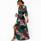 Dam Maxiklänning med blommönster, krage och knytbälte-Maxi Dress-Fjallbarn