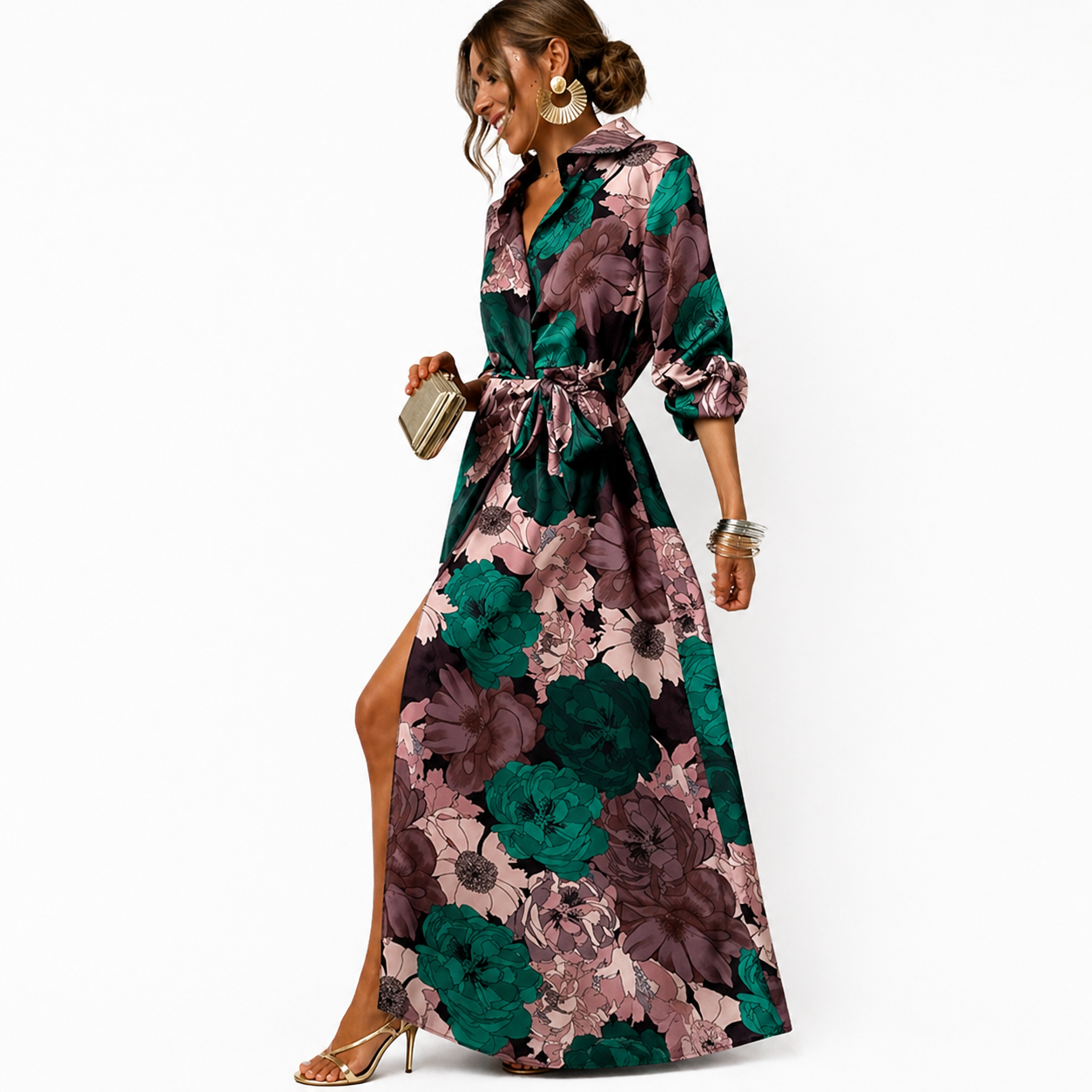 Dam Maxiklänning med blommönster, krage och knytbälte-Maxi Dress-Fjallbarn