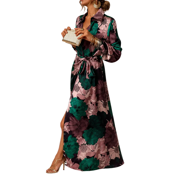 Dam Maxiklänning med blommönster, krage och knytbälte-Maxi Dress-Fjallbarn