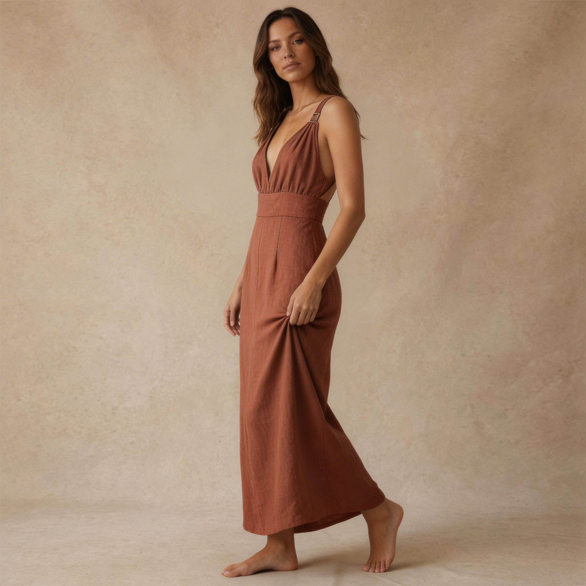 Dam Maxiklänning med Djup V-ringning-Maxi Dress-Fjallbarn