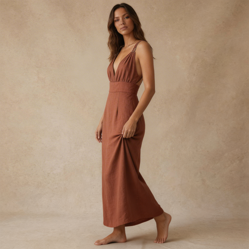 Dam Maxiklänning med Djup V-ringning-Maxi Dress-Fjallbarn