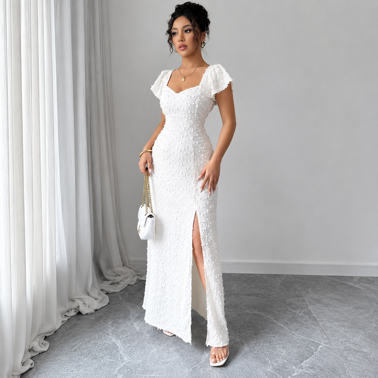 Dam Maxiklänning med Strukturerad Yta och Slits Fram-Maxi Dress-Fjallbarn