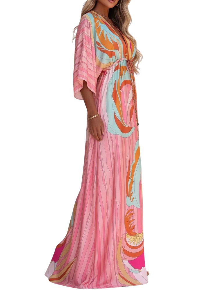 Dam maxiklänning med V-ringning och midjesnörning-Maxi Dress-Fjallbarn
