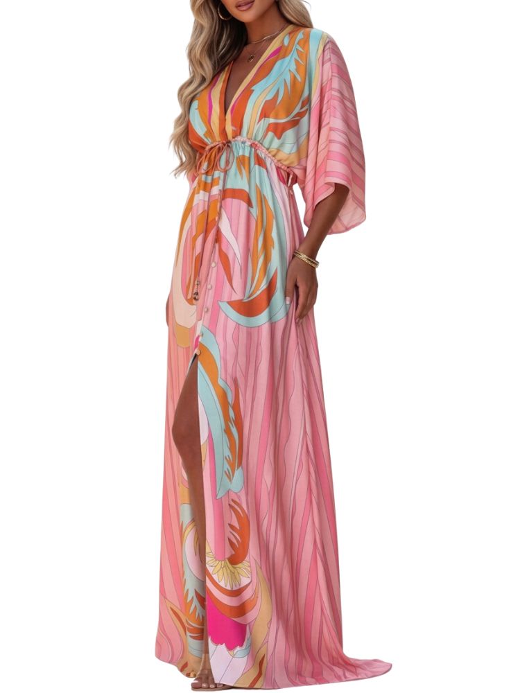Dam maxiklänning med V-ringning och midjesnörning-Maxi Dress-Fjallbarn