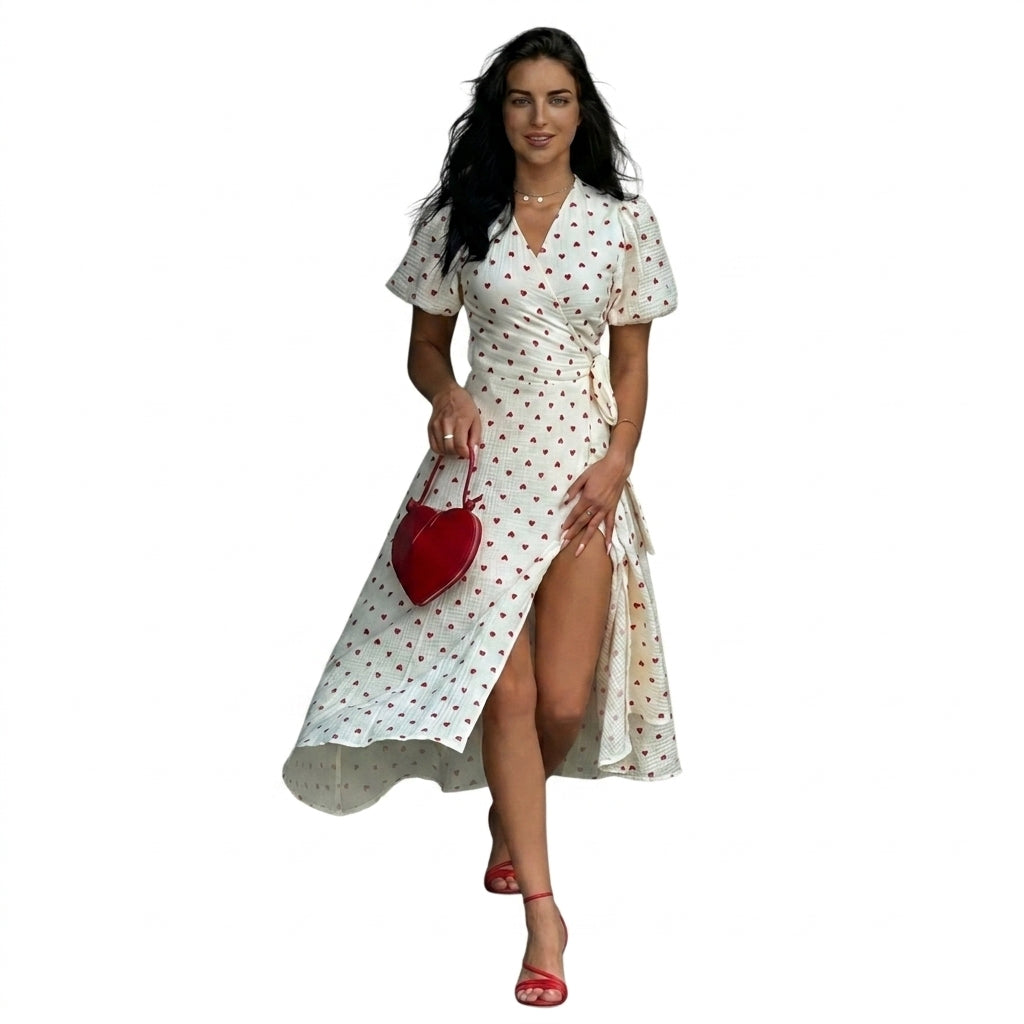 Dam midi-omlottklänning med blommönster och puffärmar-Midi Dress-Fjallbarn