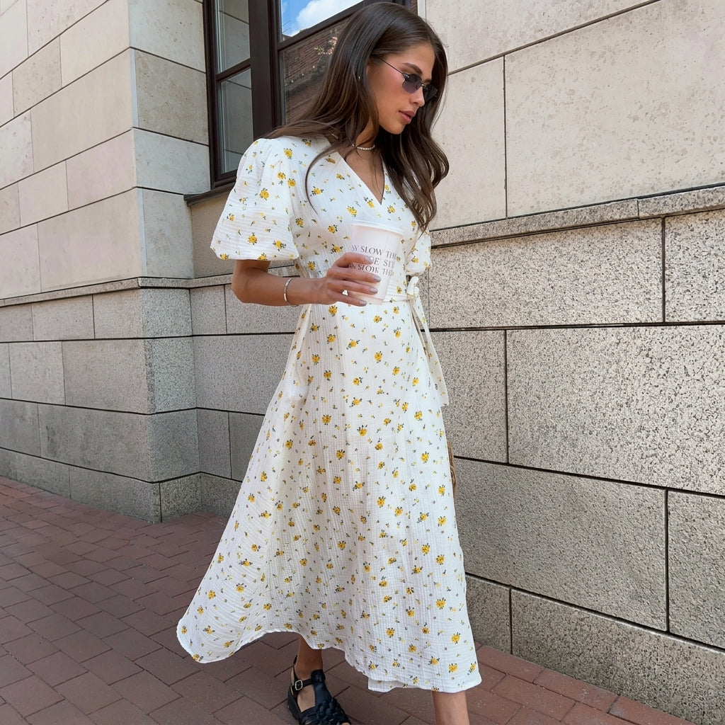Dam midi-omlottklänning med blommönster och puffärmar-Midi Dress-Fjallbarn
