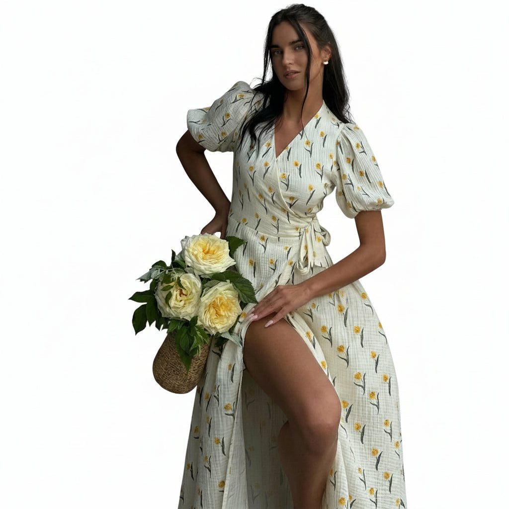 Dam midi-omlottklänning med blommönster och puffärmar-Midi Dress-Fjallbarn