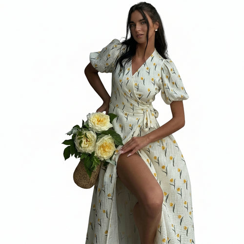 Dam midi-omlottklänning med blommönster och puffärmar-Midi Dress-Fjallbarn