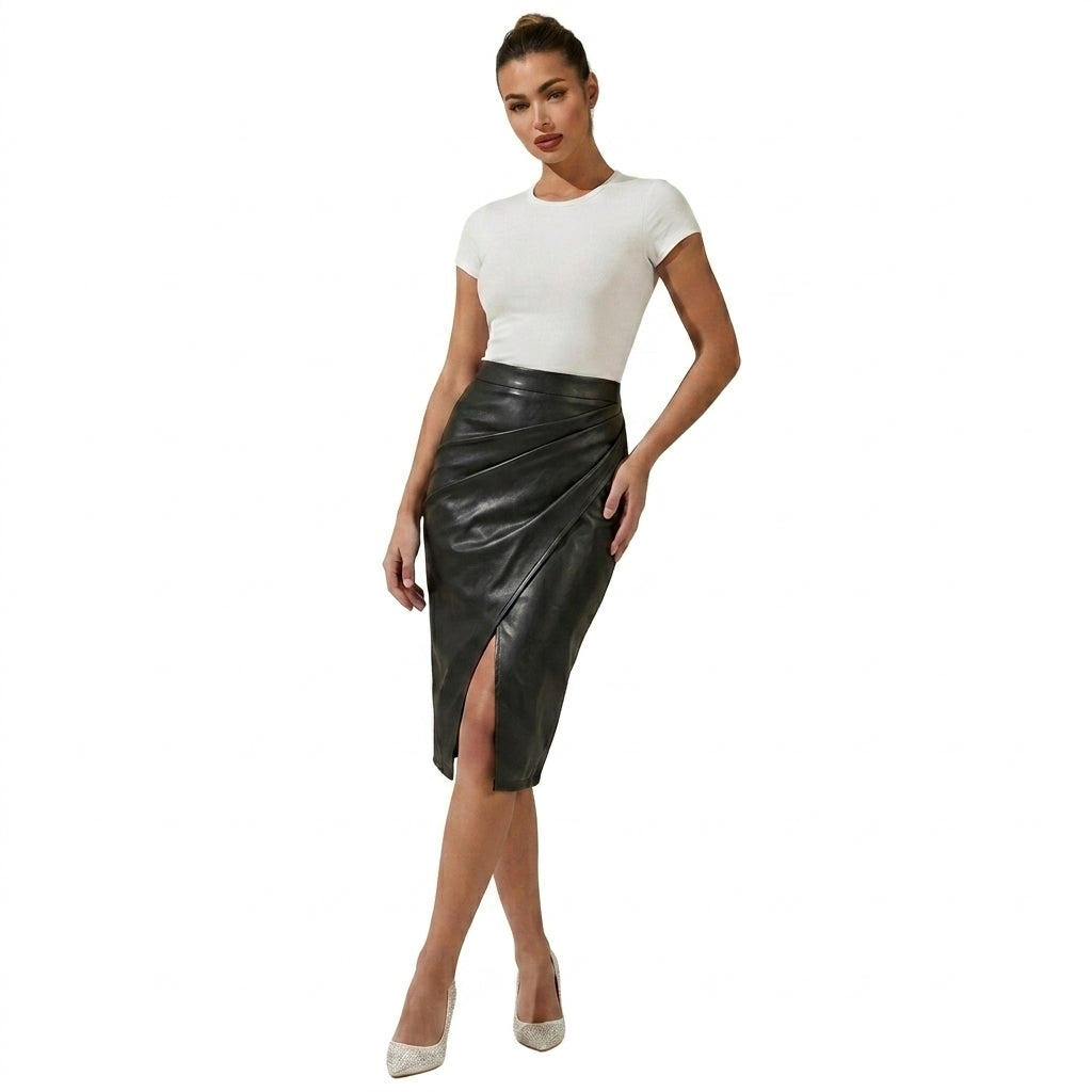 Dam midikjol med draperad design och slits fram-Skirt for women-Fjallbarn