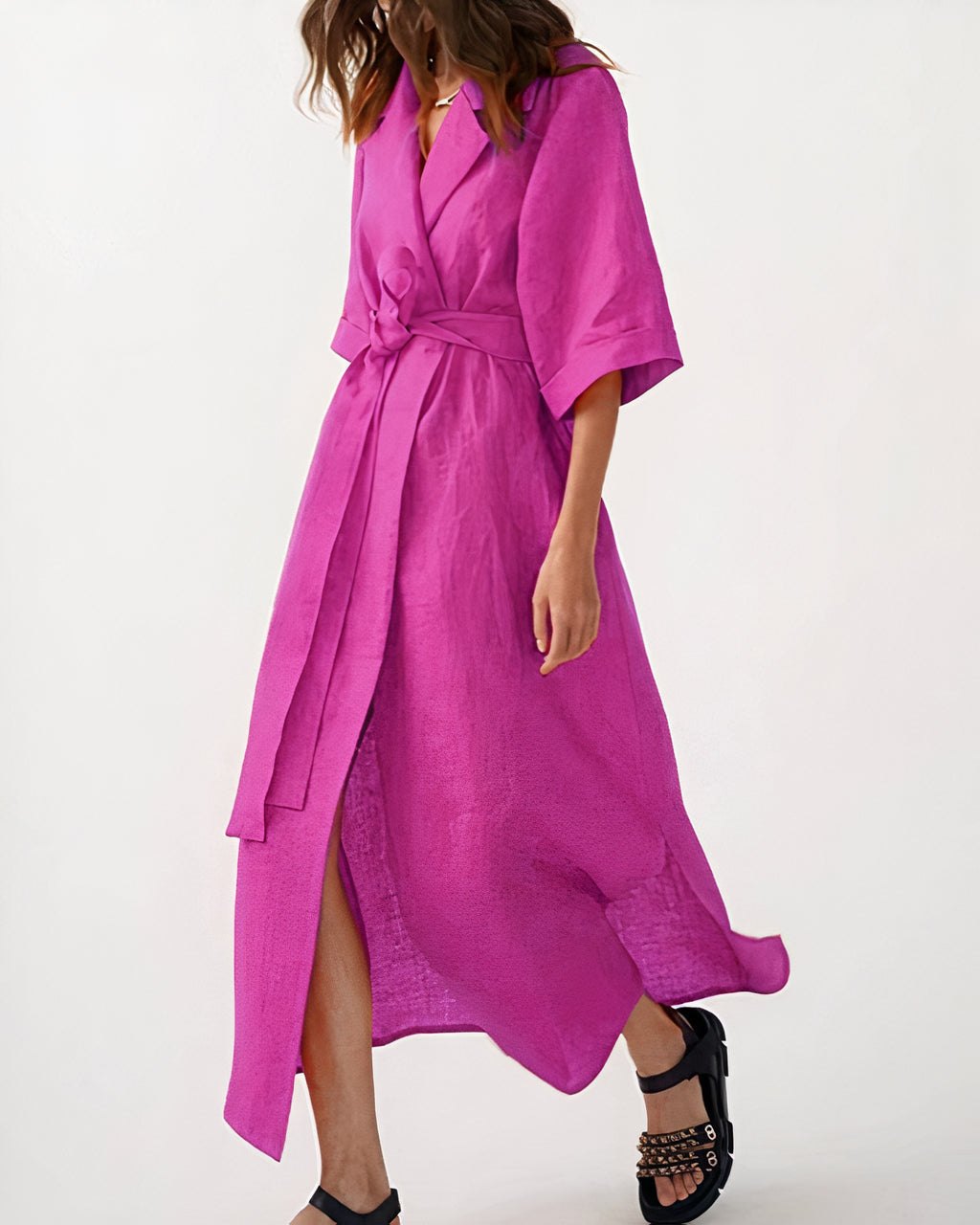Dam Midiklänning i Omlottstil med Slagkrage, Breda Ärmar och Midjeband-Midi Dress-Fjallbarn