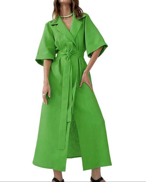 Dam Midiklänning i Omlottstil med Slagkrage, Breda Ärmar och Midjeband-Midi Dress-Fjallbarn