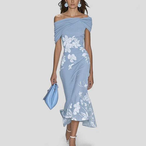 Dam Midiklänning med Baraxlad Ringning och Blommönster-Midi Dress-Fjallbarn