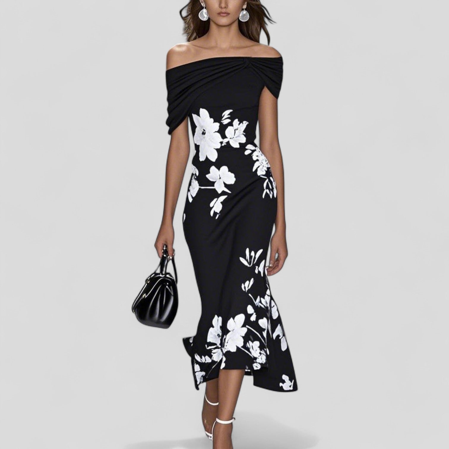 Dam Midiklänning med Baraxlad Ringning och Blommönster-Midi Dress-Fjallbarn