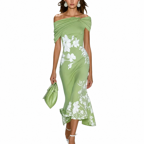 Dam Midiklänning med Baraxlad Ringning och Blommönster-Midi Dress-Fjallbarn