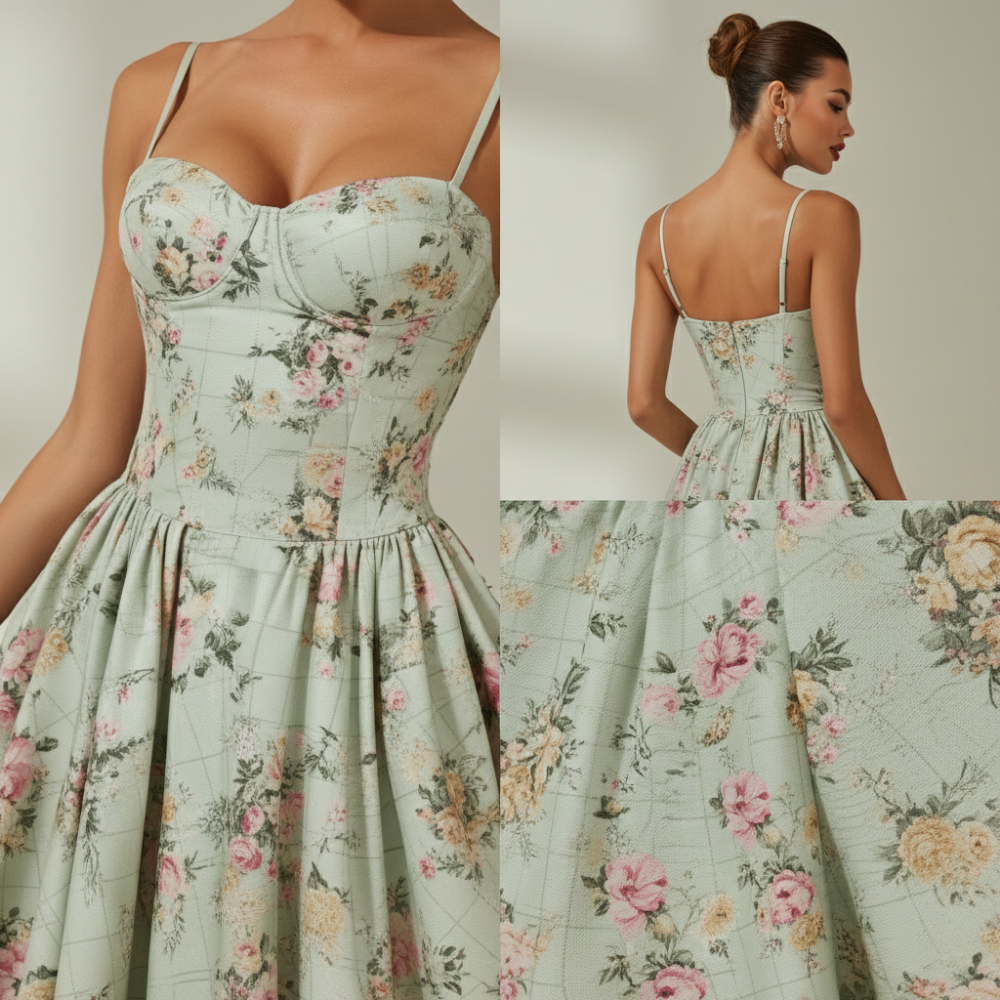 Dam midiklänning med blommönster och smala axelband-Midi Dress-Fjallbarn